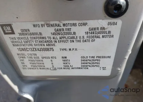 2004 Chevrolet Tahoe Lt из США, поврежденный, VIN 1GNEC13ZX4J300875